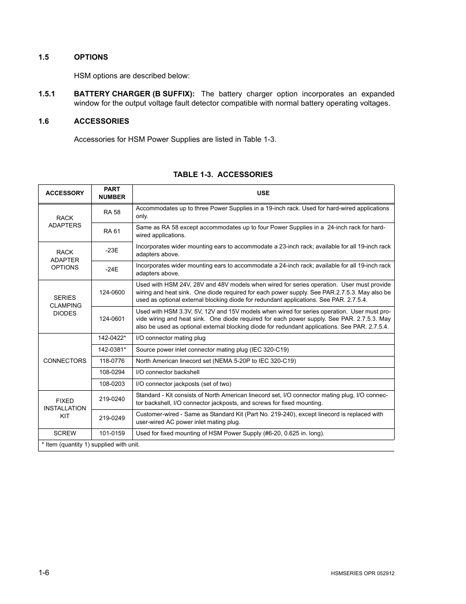 5 options, 1 battery charger (b suffix), 6 accessories | Table 1-3. accessories, Options -6, Battery charger (b suffix): -6, Accessories -6 | KEPCO HSM Series User Manual | Page 12 / 34