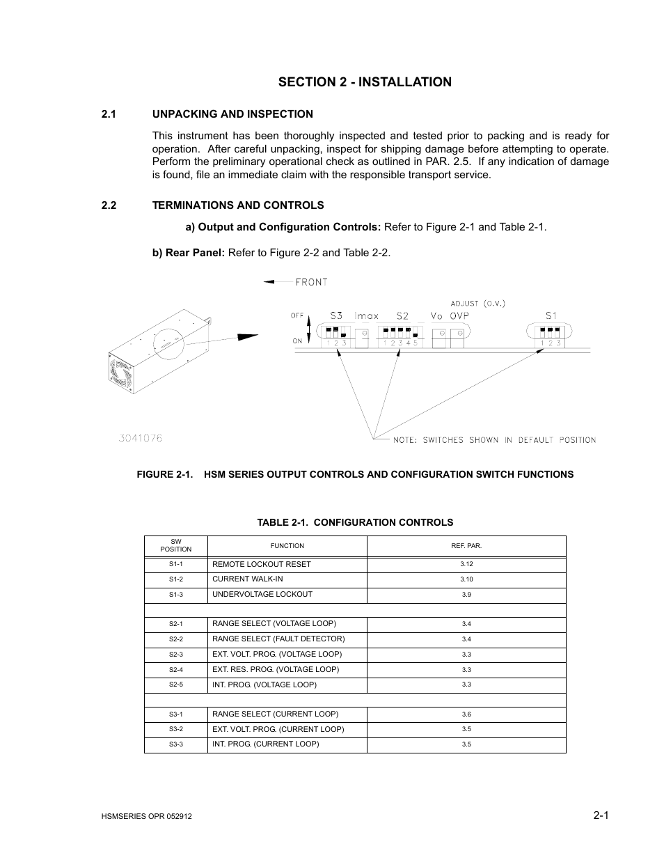 Section 2 - installation, 1 unpacking and inspection, 2 terminations and controls | Table 2-1. configuration controls, Unpacking and inspection -1, Terminations and controls -1, Configuration controls -1 | KEPCO HSM Series User Manual | Page 13 / 34