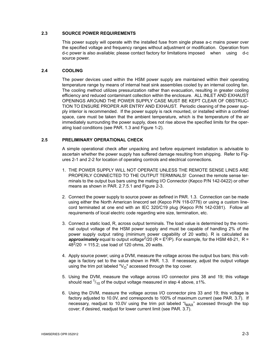 3 source power requirements, 4 cooling, 5 preliminary operational check | Source power requirements -3, Cooling -3, Preliminary operational check -3 | KEPCO HSM Series User Manual | Page 15 / 34