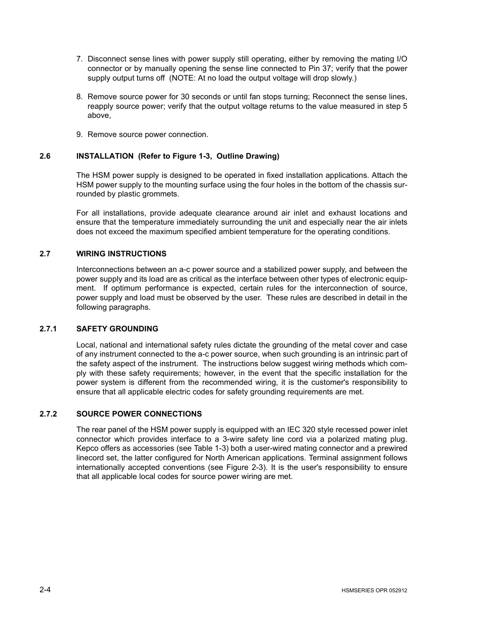 6 installation, 7 wiring instructions, 1 safety grounding | 2 source power connections, Installation -4, Wiring instructions -4, Safety grounding -4, Source power connections -4 | KEPCO HSM Series User Manual | Page 16 / 34
