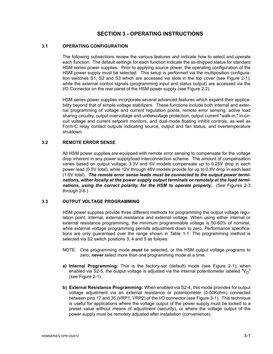Section 3 - operating instructions, 1 operating configuration, 2 remote error sense | 3 output voltage programming, Operating configuration -1, Remote error sense -1, Output voltage programming -1 | KEPCO HSM Series User Manual | Page 25 / 34
