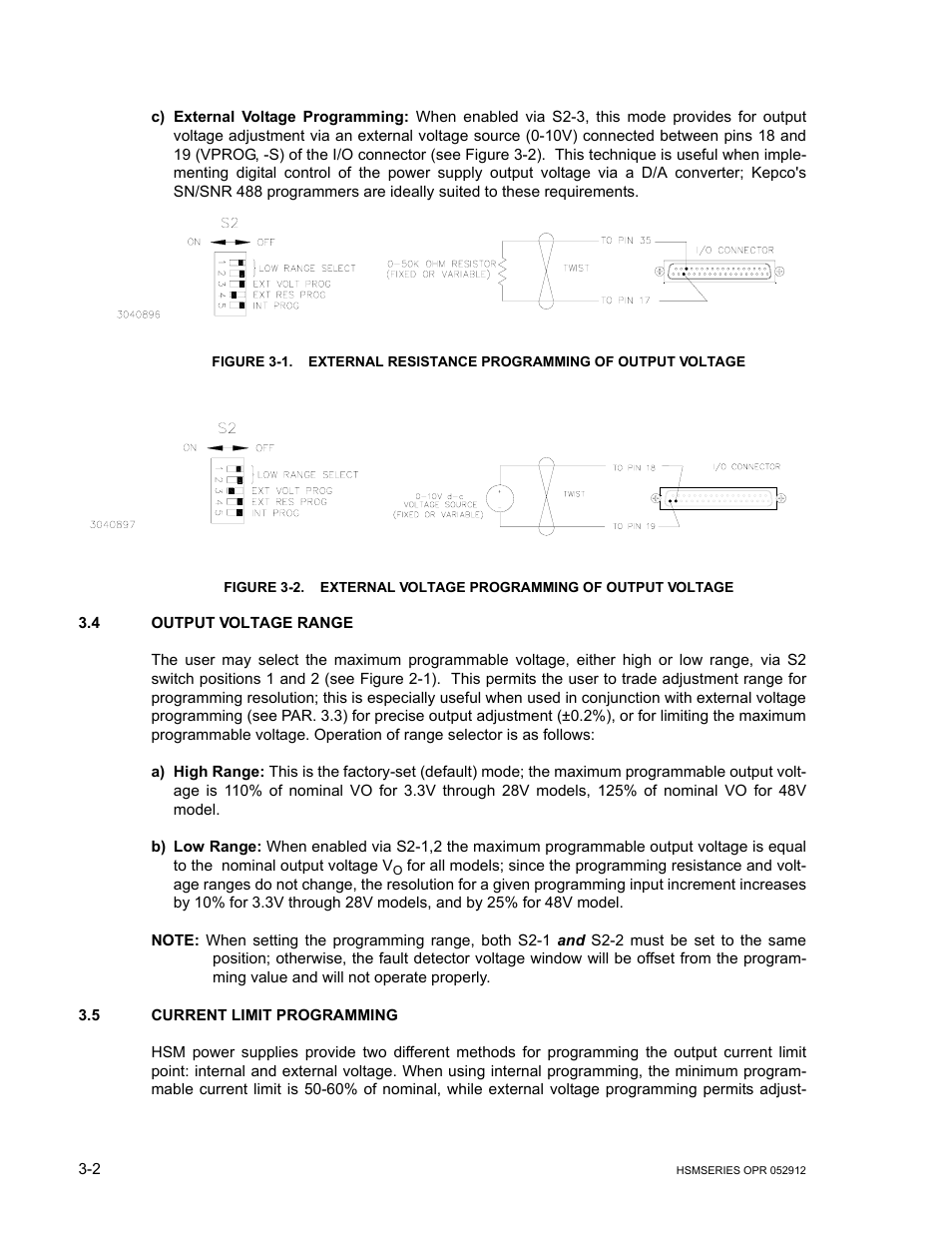 4 output voltage range, 5 current limit programming, Output voltage range -2 | Current limit programming -2, External voltage programming of output voltage -2 | KEPCO HSM Series User Manual | Page 26 / 34