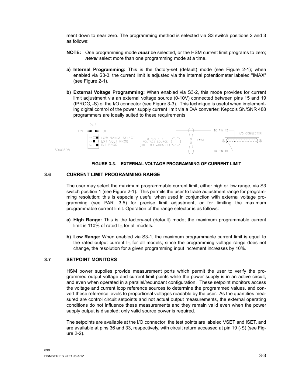 6 current limit programming range, 7 setpoint monitors, Current limit programming range -3 | Setpoint monitors -3, External voltage programming of current limit -3, R. 3.7) | KEPCO HSM Series User Manual | Page 27 / 34