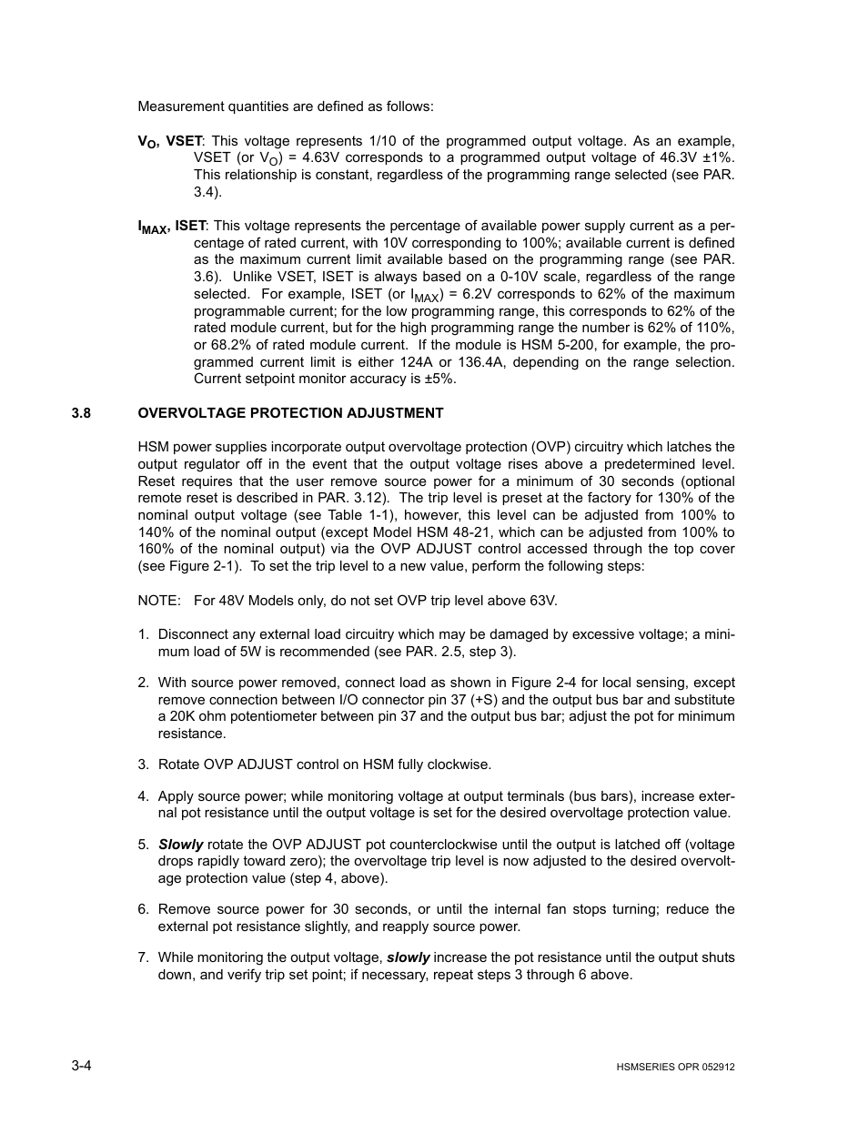 8 overvoltage protection adjustment, Overvoltage protection adjustment -4 | KEPCO HSM Series User Manual | Page 28 / 34