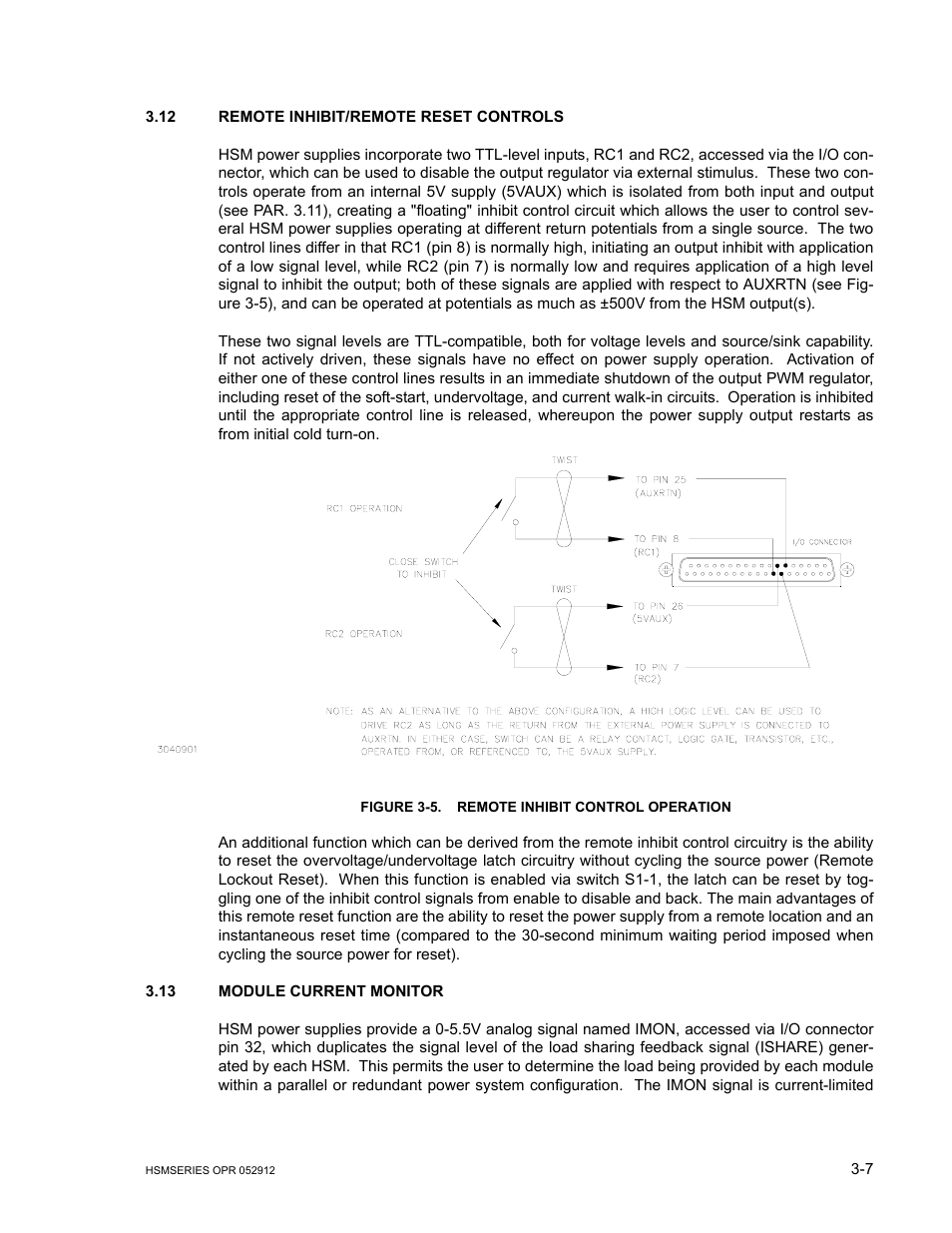 12 remote inhibit/remote reset controls, Figure 3-5. remote inhibit control operation, 13 module current monitor | Remote inhibit/remote reset controls -7, Module current monitor -7, Remote inhibit control operation -7, R. 3.12 | KEPCO HSM Series User Manual | Page 31 / 34