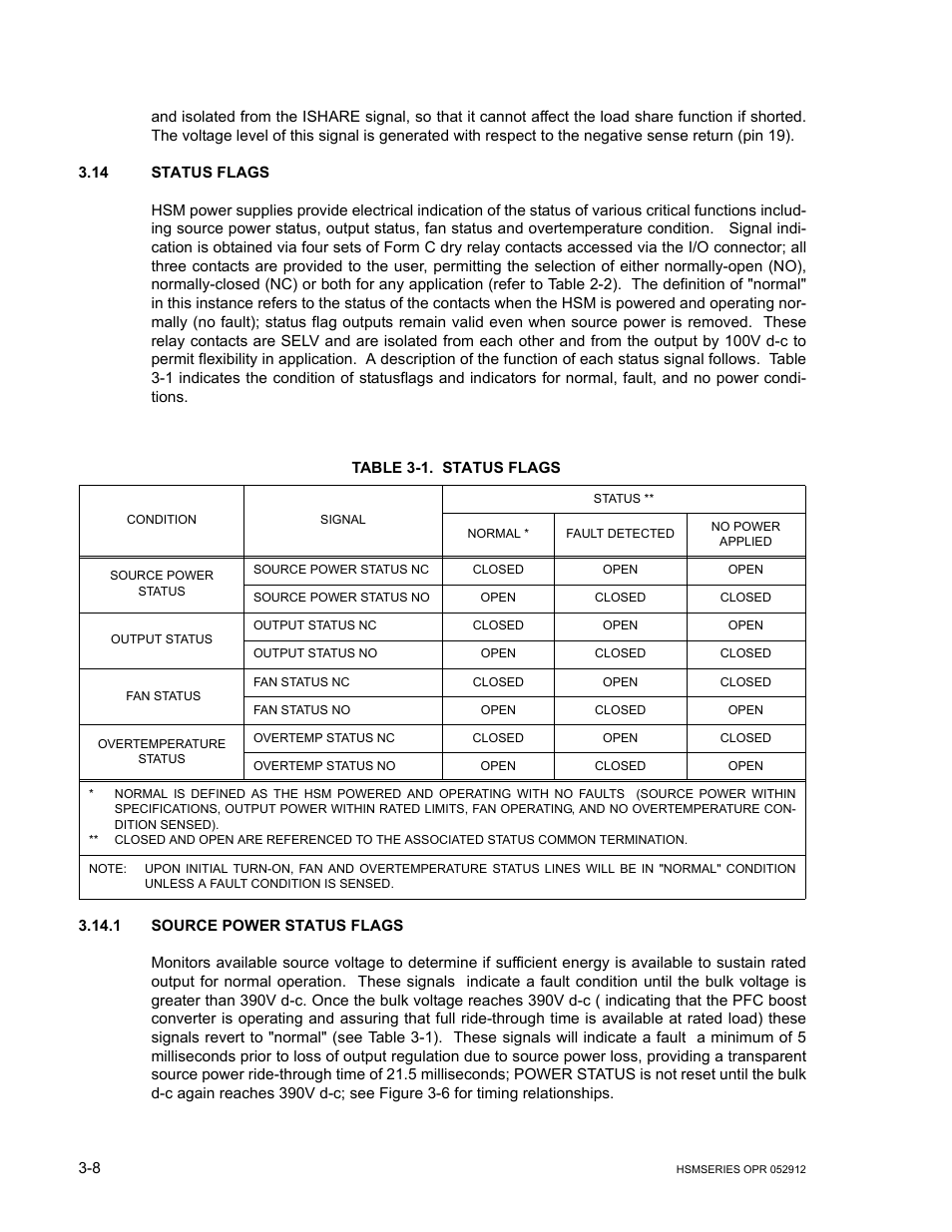 14 status flags, Table 3-1. status flags, 1 source power status flags | Status flags -8, Source power status flags -8, R. 3.14 | KEPCO HSM Series User Manual | Page 32 / 34