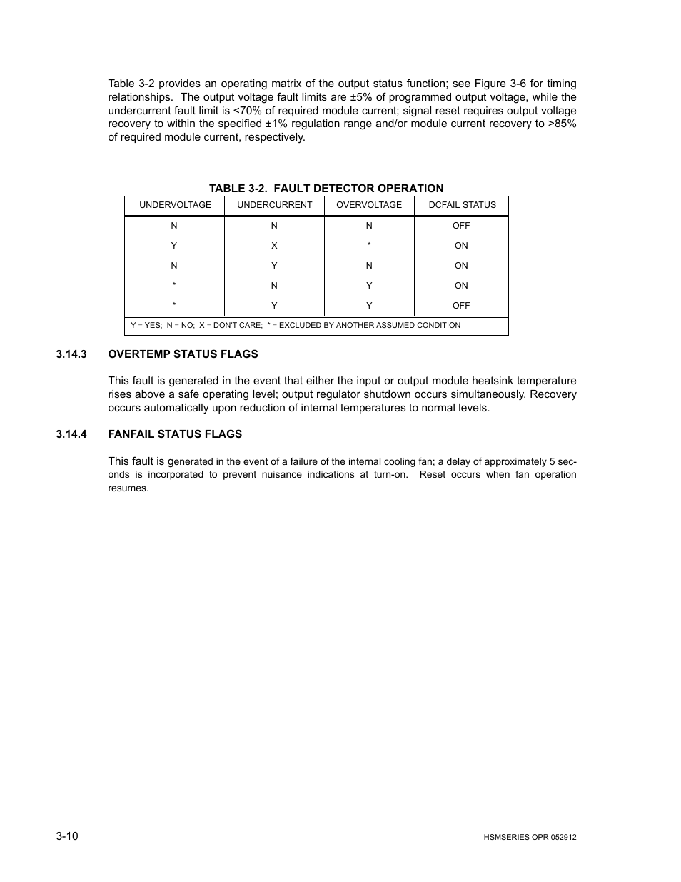Table 3-2. fault detector operation, 3 overtemp status flags, 4 fanfail status flags | Overtemp status flags -10, Fanfail status flags -10, Fault detector operation -10 | KEPCO HSM Series User Manual | Page 34 / 34