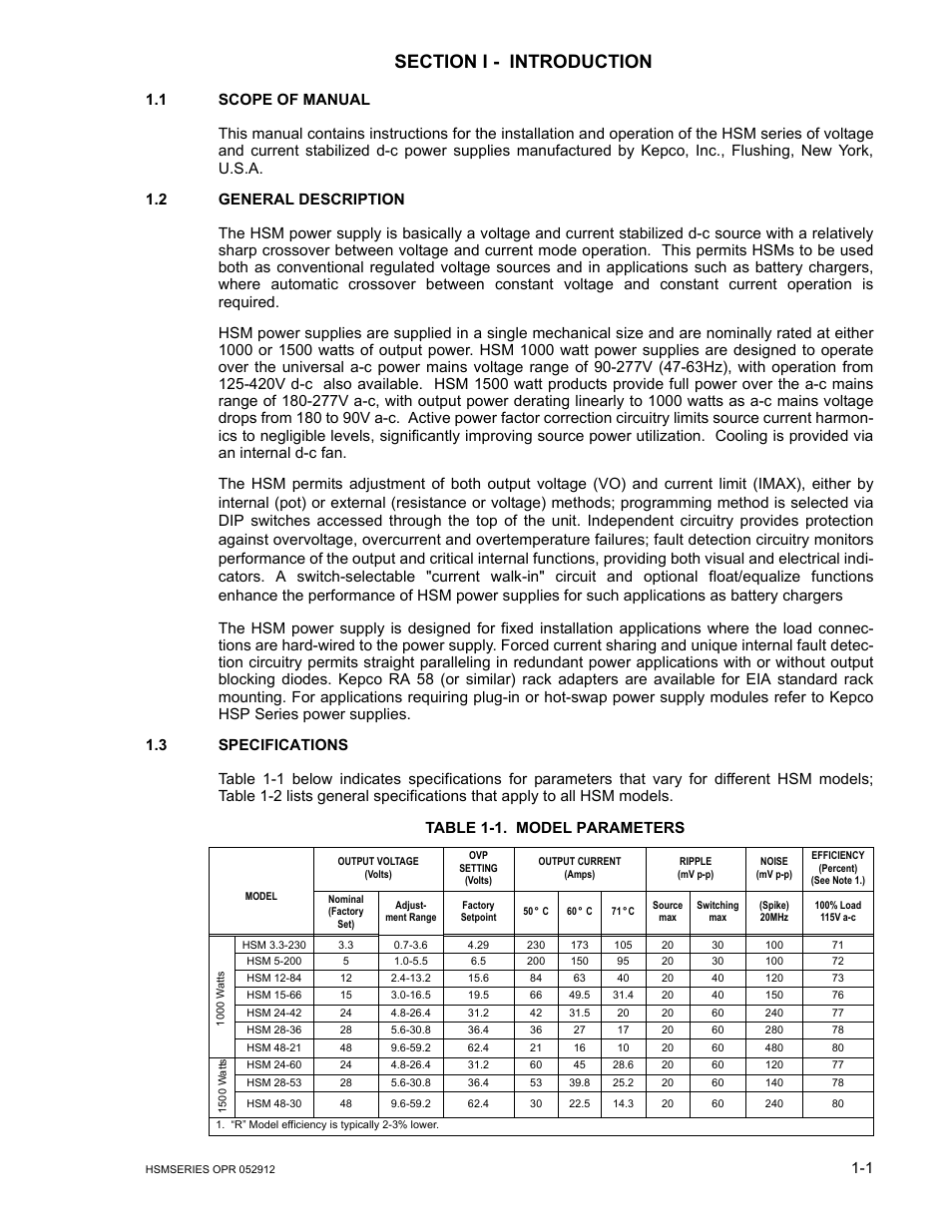 Section i - introduction, 1 scope of manual, 2 general description | 3 specifications, Table 1-1. model parameters, Section 1 - introduction, Scope of manual -1, General description -1 | KEPCO HSM Series User Manual | Page 7 / 34