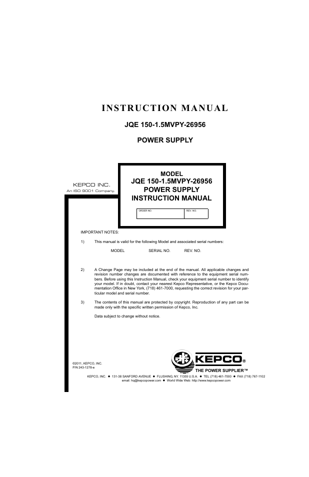 KEPCO JQE 150-1.5MVPY-26956 Half Rack User Manual | 80 pages