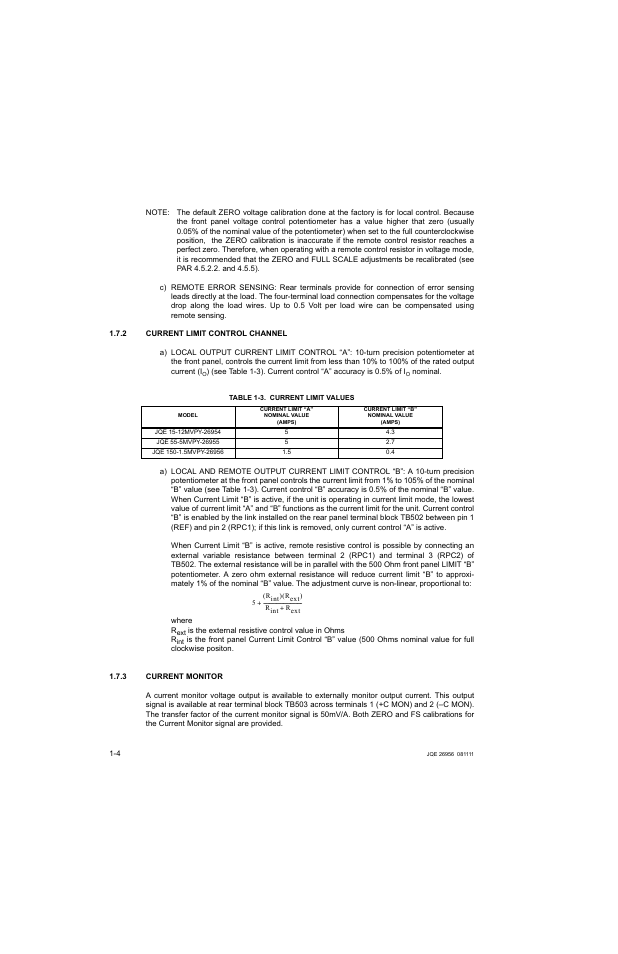 2 current limit control channel, Table 1-3. current limit values, 3 current monitor | Current limit control channel -4, Current monitor -4, Current limit values -4 | KEPCO JQE 150-1.5MVPY-26956 Half Rack User Manual | Page 14 / 80