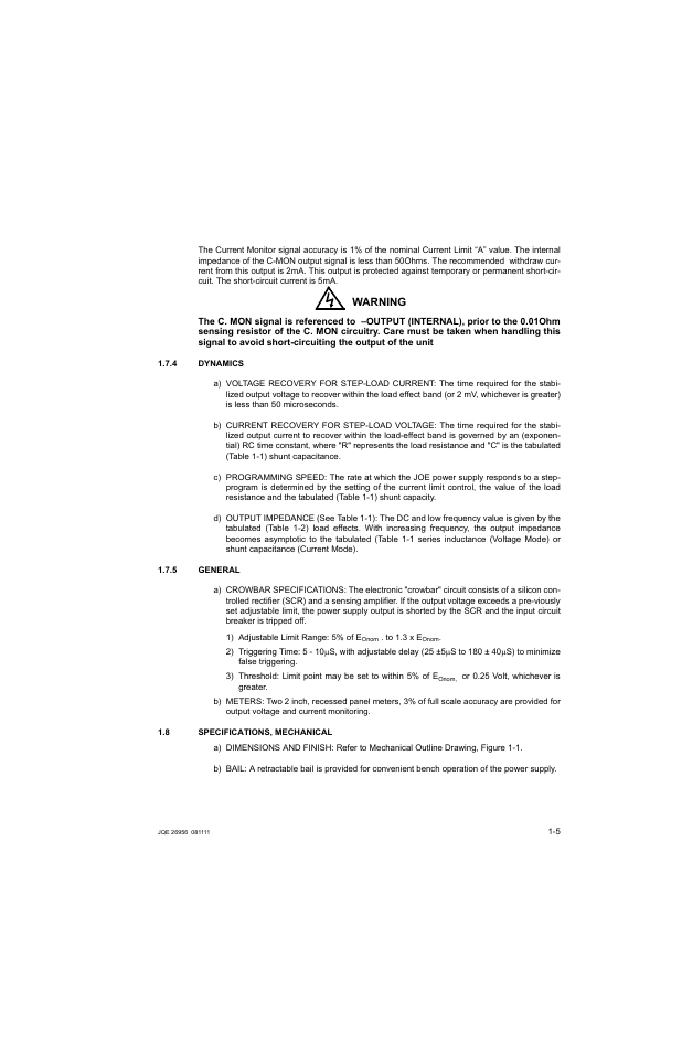 4 dynamics, 5 general, 8 specifications, mechanical | Dynamics -5, General -5, Specifications, mechanical -5, Warning | KEPCO JQE 150-1.5MVPY-26956 Half Rack User Manual | Page 15 / 80