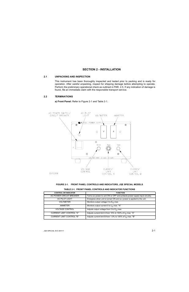 Section 2 - installation, 1 unpacking and inspection, 2 terminations | Unpacking and inspection -1, Terminations -1, Front panel controls and indicator functions -1 | KEPCO JQE 150-1.5MVPY-26956 Half Rack User Manual | Page 19 / 80