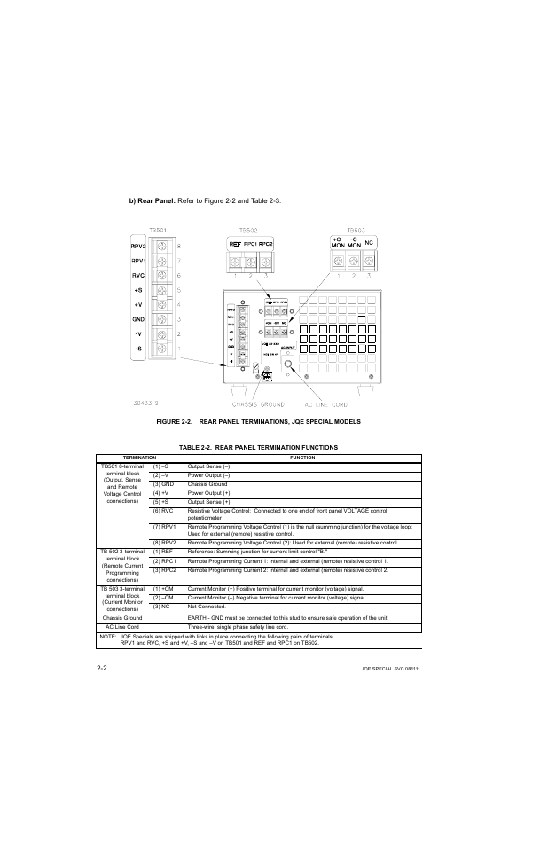 Table 2-2. rear panel termination functions, Rear panel terminations, jqe special models -2, Rear panel termination functions -2 | KEPCO JQE 150-1.5MVPY-26956 Half Rack User Manual | Page 20 / 80