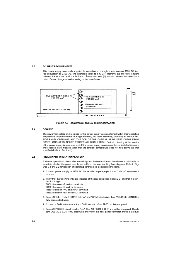 3 ac input requirements, Figure 2-4. conversion to 230v ac line operation, 4 cooling | 5 preliminary operational check, Ac input requirements -4, Cooling -4, Preliminary operational check -4, Conversion to 230v ac line operation -4, R. 2.3 ) | KEPCO JQE 150-1.5MVPY-26956 Half Rack User Manual | Page 22 / 80