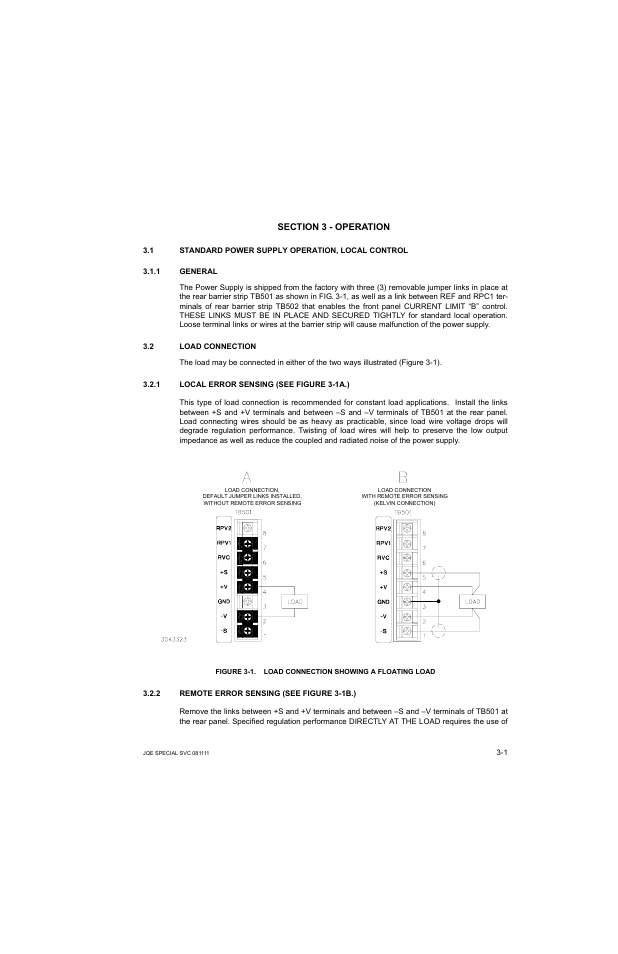 Section 3 - operation, 1 standard power supply operation, local control, 1 general | 2 load connection, 1 local error sensing, 2 remote error sensing, Standard power supply operation, local control -1, General -1, Load connection -1, Local error sensing -1 | KEPCO JQE 150-1.5MVPY-26956 Half Rack User Manual | Page 25 / 80