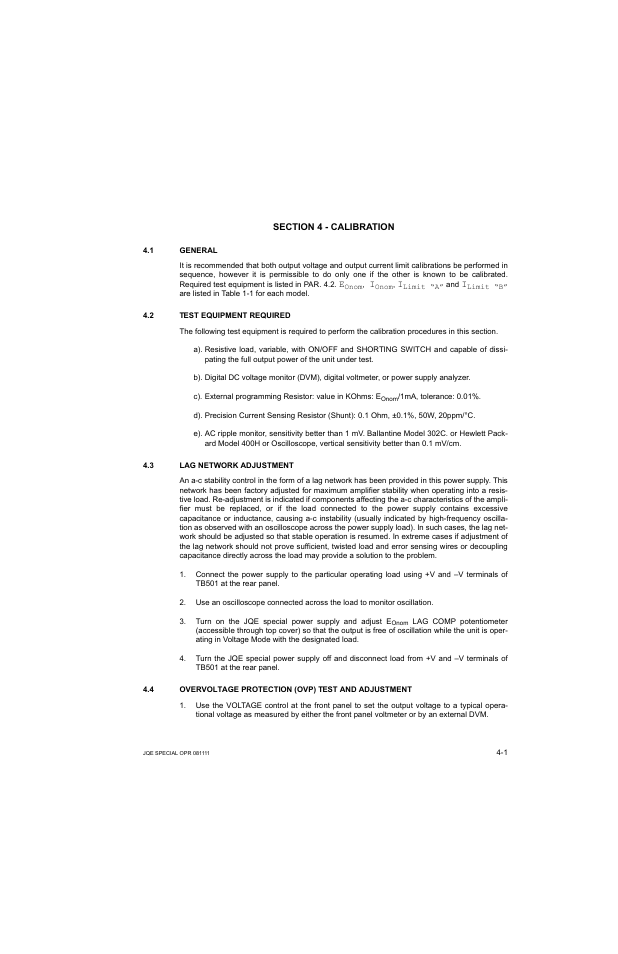Section 4 - calibration, 1 general, 2 test equipment required | 3 lag network adjustment, 4 overvoltage protection (ovp) test and adjustment, General -1, Test equipment required -1, Lag network adjustment -1 | KEPCO JQE 150-1.5MVPY-26956 Half Rack User Manual | Page 35 / 80