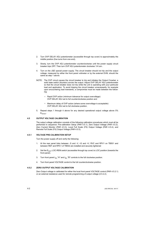 5 output voltage calibration, 1 voltage pre-calibration setup, 2 zero output voltage calibration | Output voltage calibration -2, Voltage pre-calibration setup -2, Zero output voltage calibration -2 | KEPCO JQE 150-1.5MVPY-26956 Half Rack User Manual | Page 36 / 80