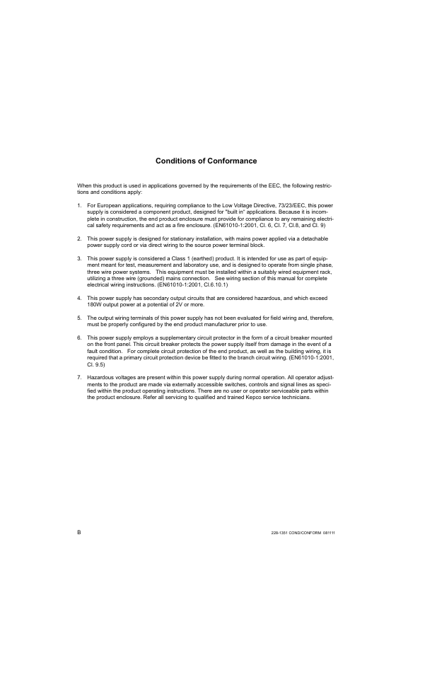 Conditions of conformance | KEPCO JQE 150-1.5MVPY-26956 Half Rack User Manual | Page 4 / 80