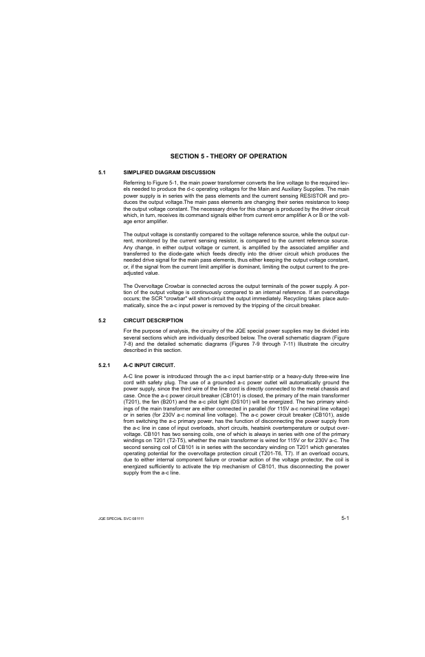 Section 5 - theory of operation, 1 simplified diagram discussion, 2 circuit description | 1 a-c input circuit, Simplified diagram discussion -1, Circuit description -1, A-c input circuit -1 | KEPCO JQE 150-1.5MVPY-26956 Half Rack User Manual | Page 41 / 80