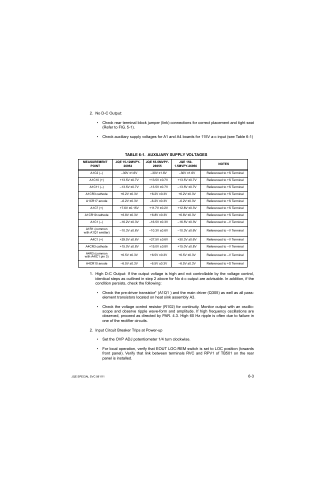 Table 6-1. auxiliary supply voltages, Auxiliary supply voltages -3 | KEPCO JQE 150-1.5MVPY-26956 Half Rack User Manual | Page 49 / 80