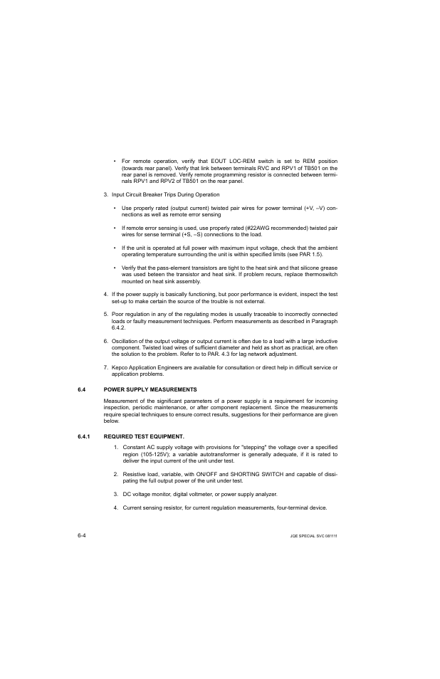 4 power supply measurements, 1 required test equipment, Power supply measurements -4 | Required test equipment -4 | KEPCO JQE 150-1.5MVPY-26956 Half Rack User Manual | Page 50 / 80