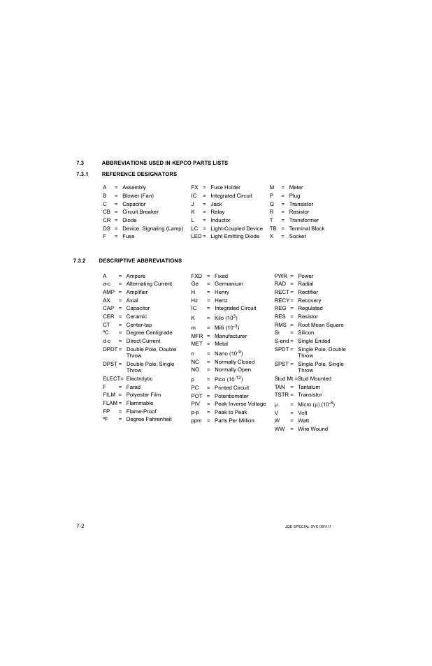 3 abbreviations used in kepco parts lists, 1 reference designators, 2 descriptive abbreviations | Abbreviations used in kepco parts lists -2, Reference designators -2, Descriptive abbreviations -2 | KEPCO JQE 150-1.5MVPY-26956 Half Rack User Manual | Page 54 / 80