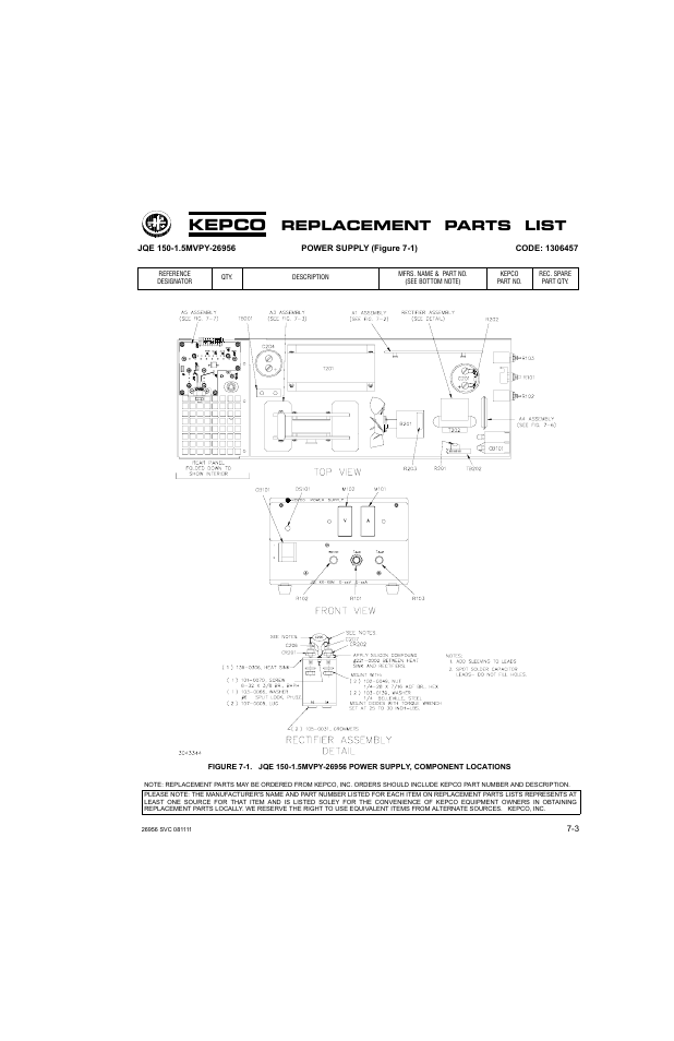 Kepco, Replacement parts list | KEPCO JQE 150-1.5MVPY-26956 Half Rack User Manual | Page 55 / 80