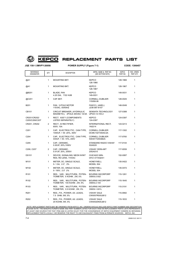Kepco, Replacement parts list | KEPCO JQE 150-1.5MVPY-26956 Half Rack User Manual | Page 56 / 80