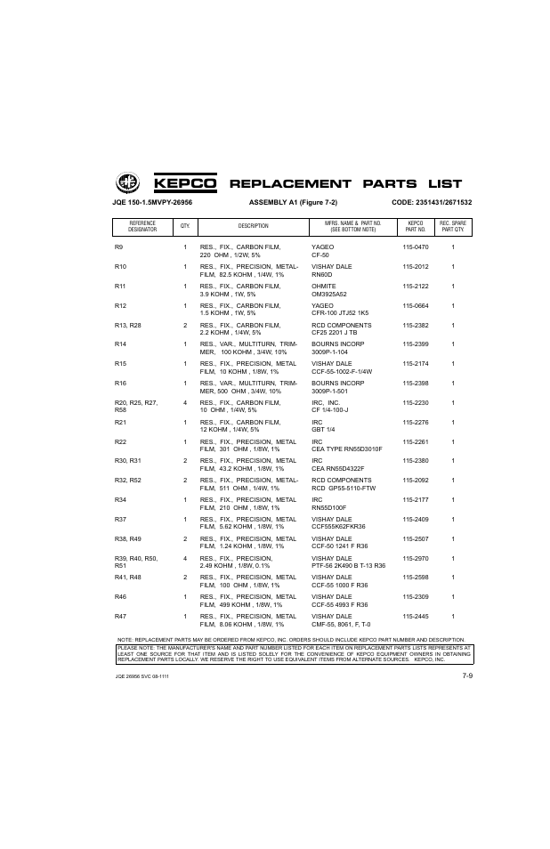 Kepco, Replacement parts list | KEPCO JQE 150-1.5MVPY-26956 Half Rack User Manual | Page 61 / 80