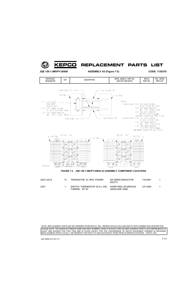 Kepco, Replacement parts list | KEPCO JQE 150-1.5MVPY-26956 Half Rack User Manual | Page 63 / 80