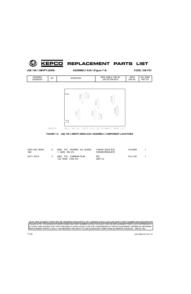 Kepco, Replacement parts list | KEPCO JQE 150-1.5MVPY-26956 Half Rack User Manual | Page 64 / 80
