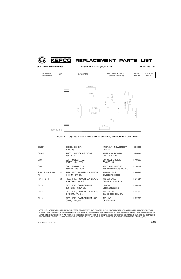 Kepco, Replacement parts list | KEPCO JQE 150-1.5MVPY-26956 Half Rack User Manual | Page 65 / 80