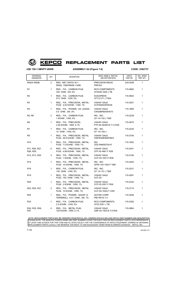Kepco, Replacement parts list | KEPCO JQE 150-1.5MVPY-26956 Half Rack User Manual | Page 68 / 80