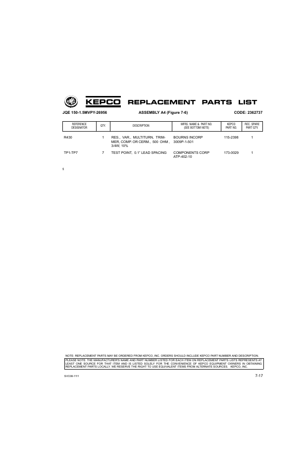 Kepco, Replacement parts list | KEPCO JQE 150-1.5MVPY-26956 Half Rack User Manual | Page 69 / 80