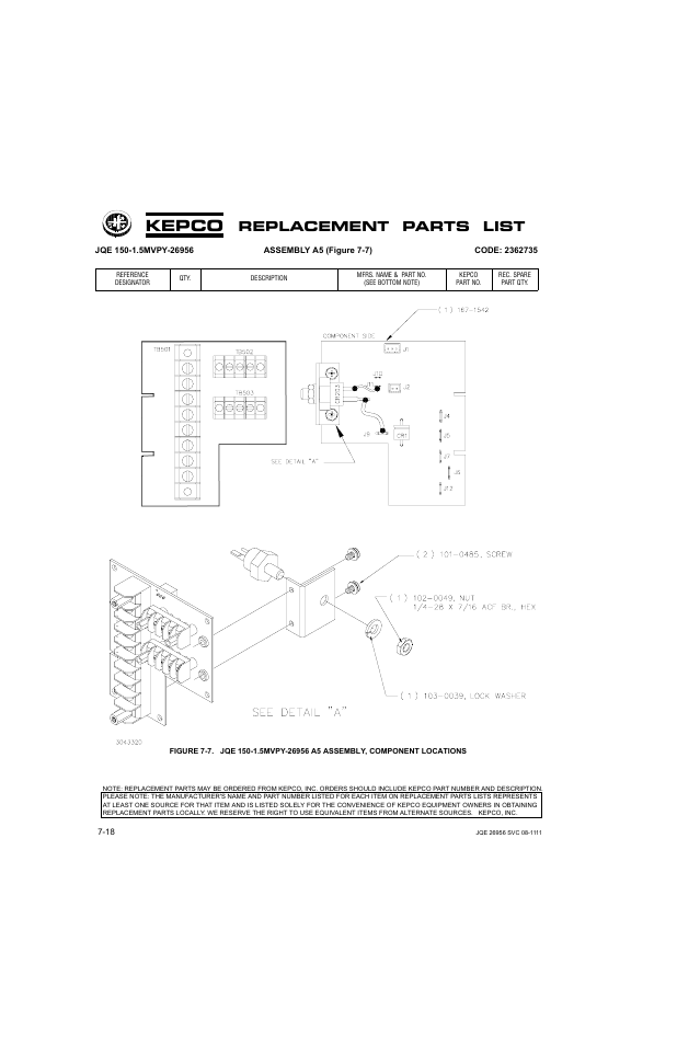 Kepco, Replacement parts list | KEPCO JQE 150-1.5MVPY-26956 Half Rack User Manual | Page 70 / 80