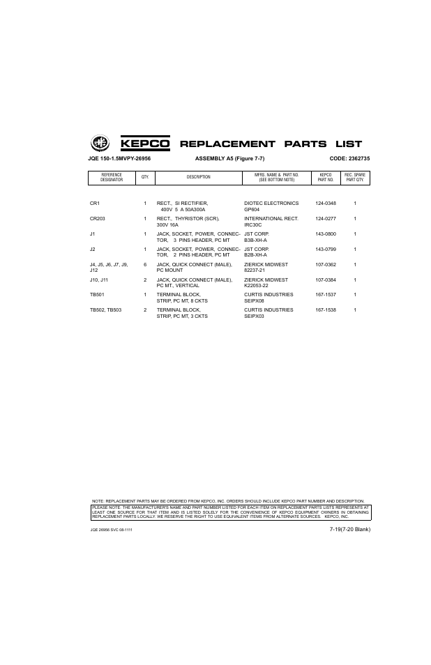 Kepco, Replacement parts list | KEPCO JQE 150-1.5MVPY-26956 Half Rack User Manual | Page 71 / 80