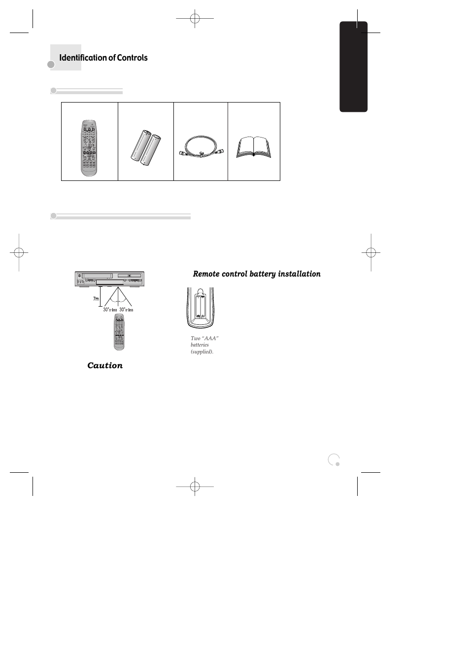 Instructions in using remote accessories, Identification of controls, Remote control battery installation | Caution | Daewoo SG-9210P User Manual | Page 11 / 64