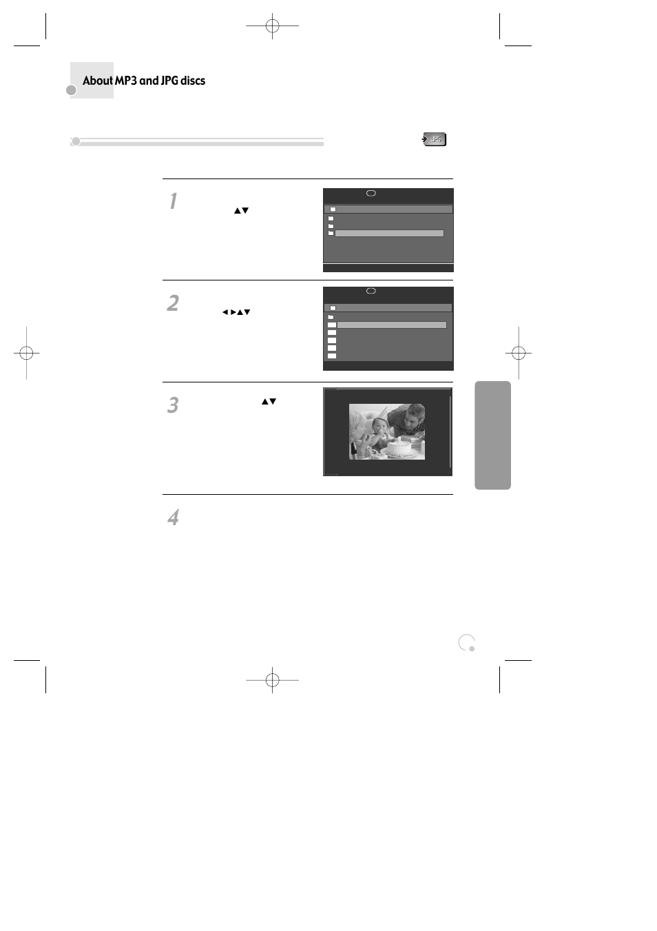 Playing a disc containing jpg (photo) files, About mp3 and jpg discs | Daewoo SG-9210P User Manual | Page 47 / 64