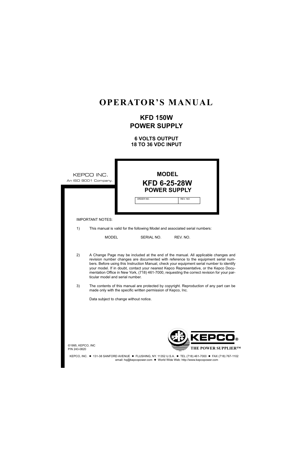 KEPCO KFD 6-25-28W User Manual | 28 pages