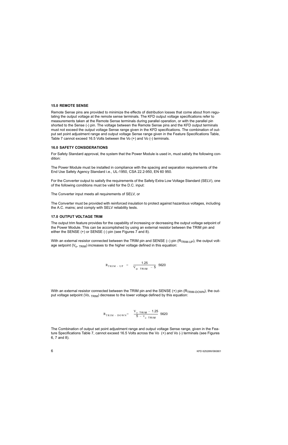 0 remote sense, 0 safety considerations, 0 output voltage trim | KEPCO KFD 6-25-28W User Manual | Page 10 / 28
