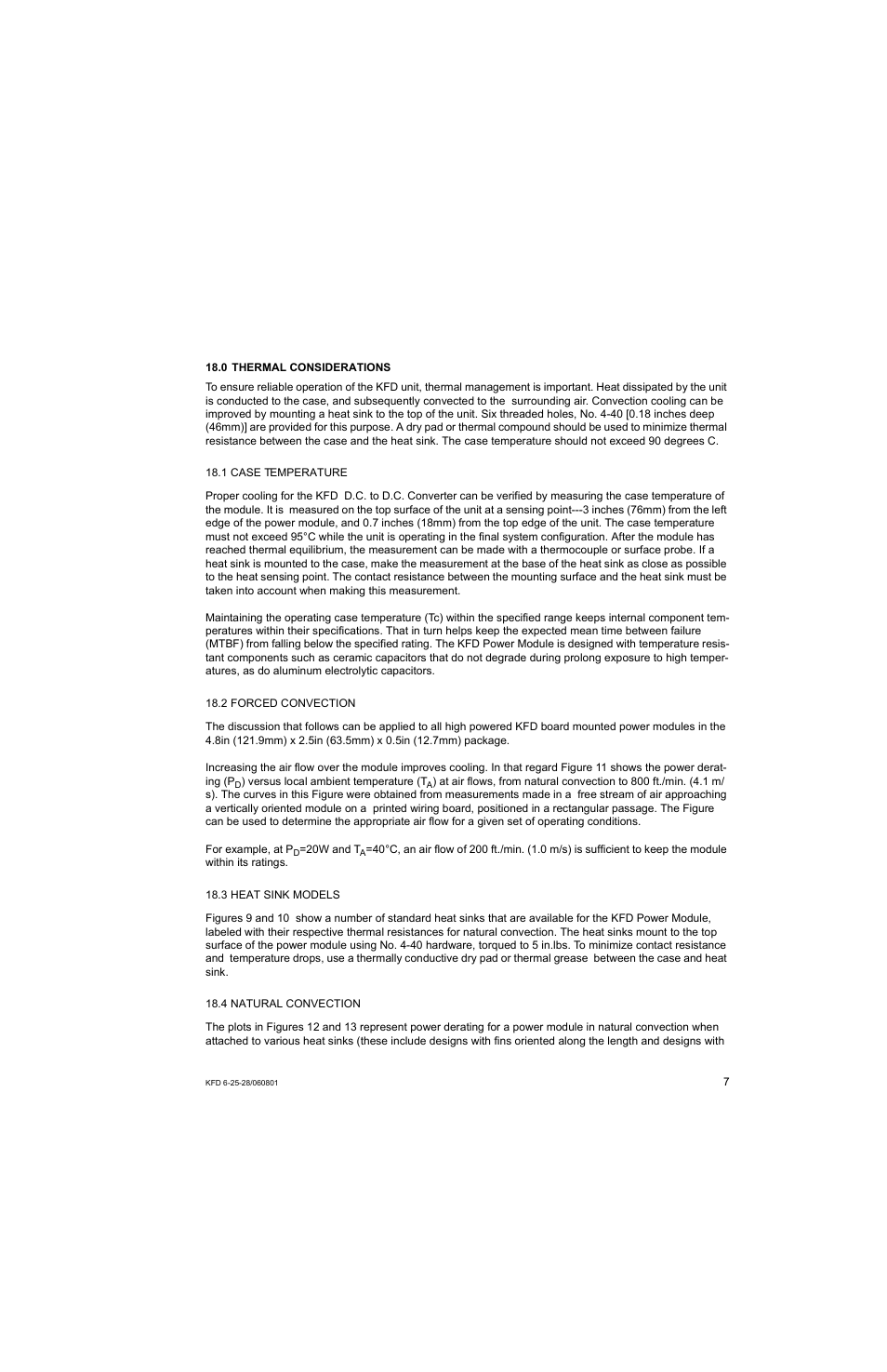 0 thermal considerations, 1 case temperature, 2 forced convection | 3 heat sink models, 4 natural convection | KEPCO KFD 6-25-28W User Manual | Page 11 / 28
