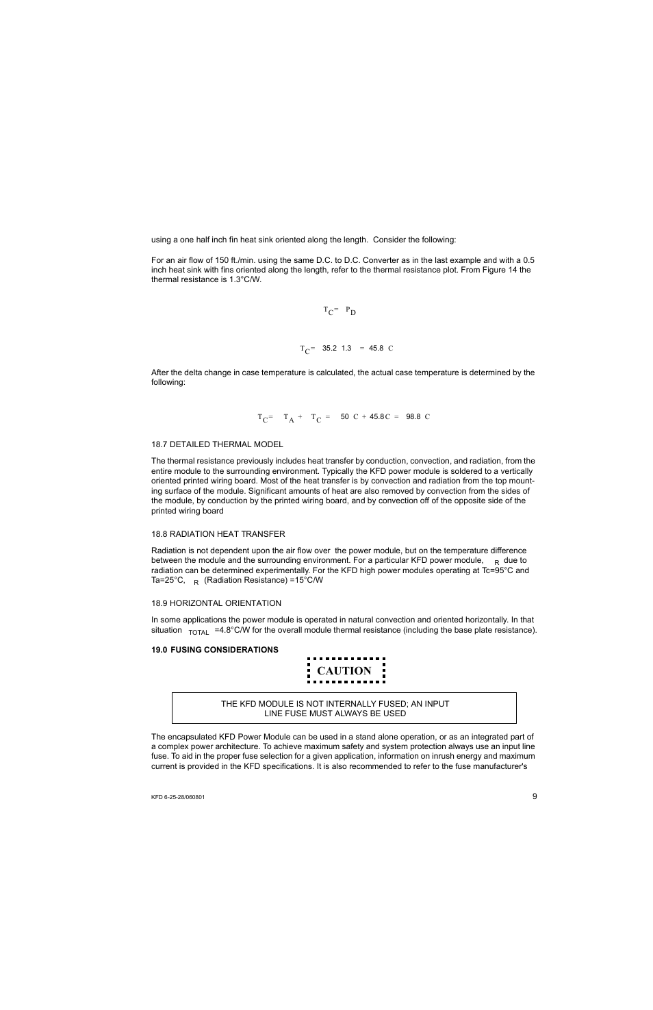 7 detailed thermal model, 8 radiation heat transfer, 9 horizontal orientation | 0 fusing considerations, Caution | KEPCO KFD 6-25-28W User Manual | Page 13 / 28