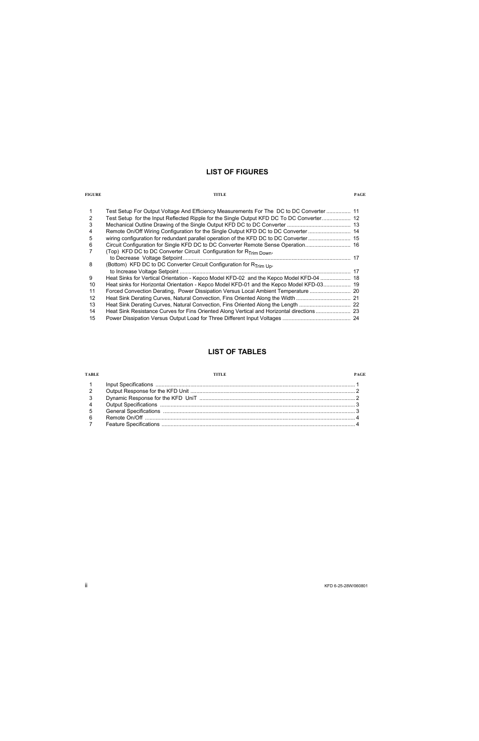 List of figures, List of tables | KEPCO KFD 6-25-28W User Manual | Page 4 / 28