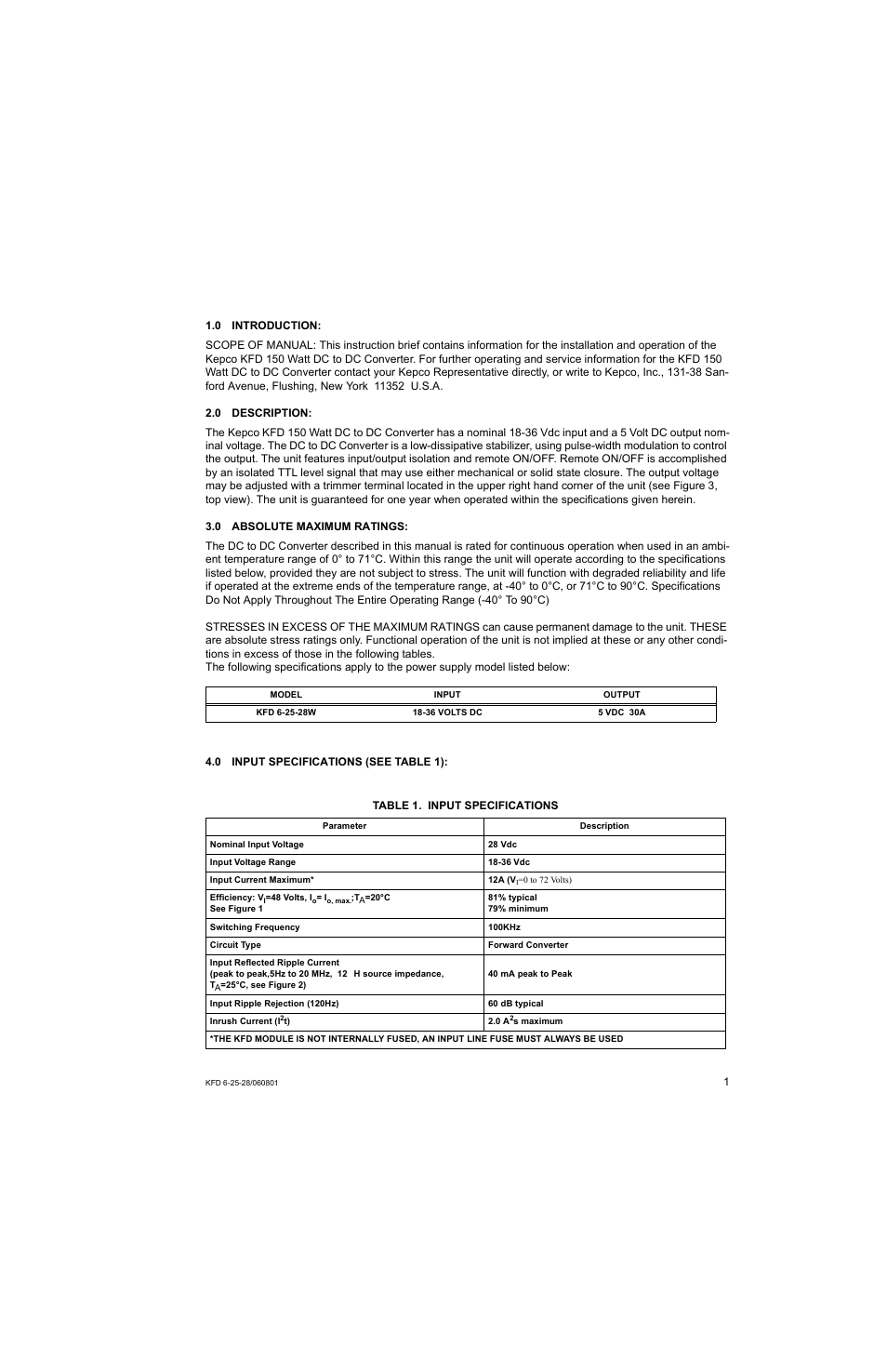 0 introduction, 0 description, 0 absolute maximum ratings | 0 input specifications (see table 1), Table 1. input specifications | KEPCO KFD 6-25-28W User Manual | Page 5 / 28