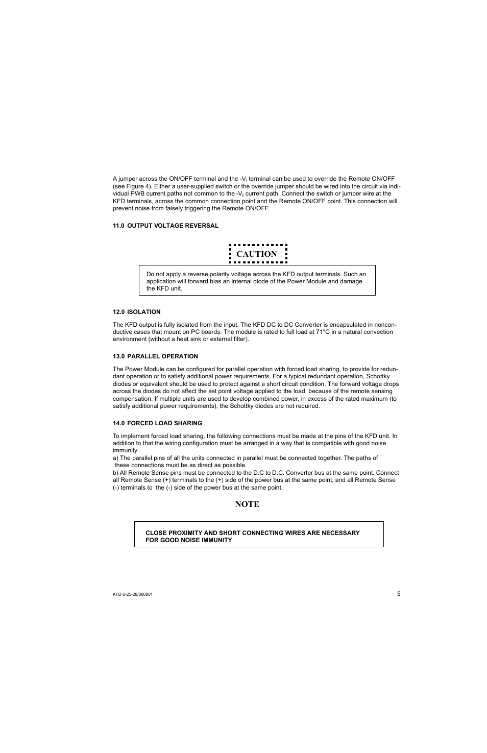 0 output voltage reversal, 0 isolation, 0 parallel operation | 0 forced load sharing, Caution | KEPCO KFD 6-25-28W User Manual | Page 9 / 28