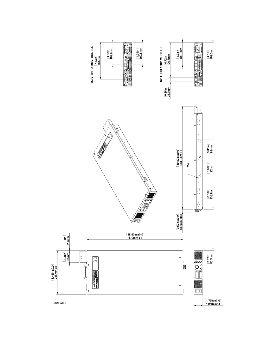 Figure 1-2. kln 750w power supply, outline drawing, Kln 750w power supply, outline drawing -7 | KEPCO KLN Series (750W, 1500W, 3000W), Main Contro Firmware Version 1.70 and higher User Manual | Page 17 / 108
