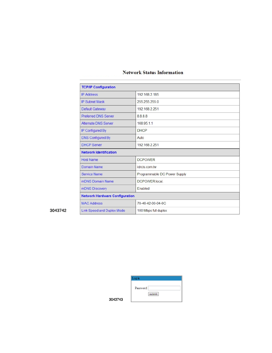 1 network status, 2 viewing and/or changing ip configuration, Figure 3-10. log in screen | Network status -35, Viewing and/or changing ip configuration -35, 10 log in screen -35 | KEPCO KLN Series (750W, 1500W, 3000W), Main Contro Firmware Version 1.70 and higher User Manual | Page 81 / 108