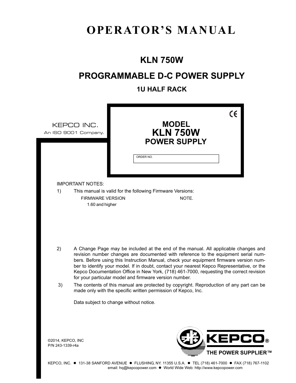 KEPCO KLN 750W Series, Firmware Version 1.60 to 1.6x User Manual | 86 pages