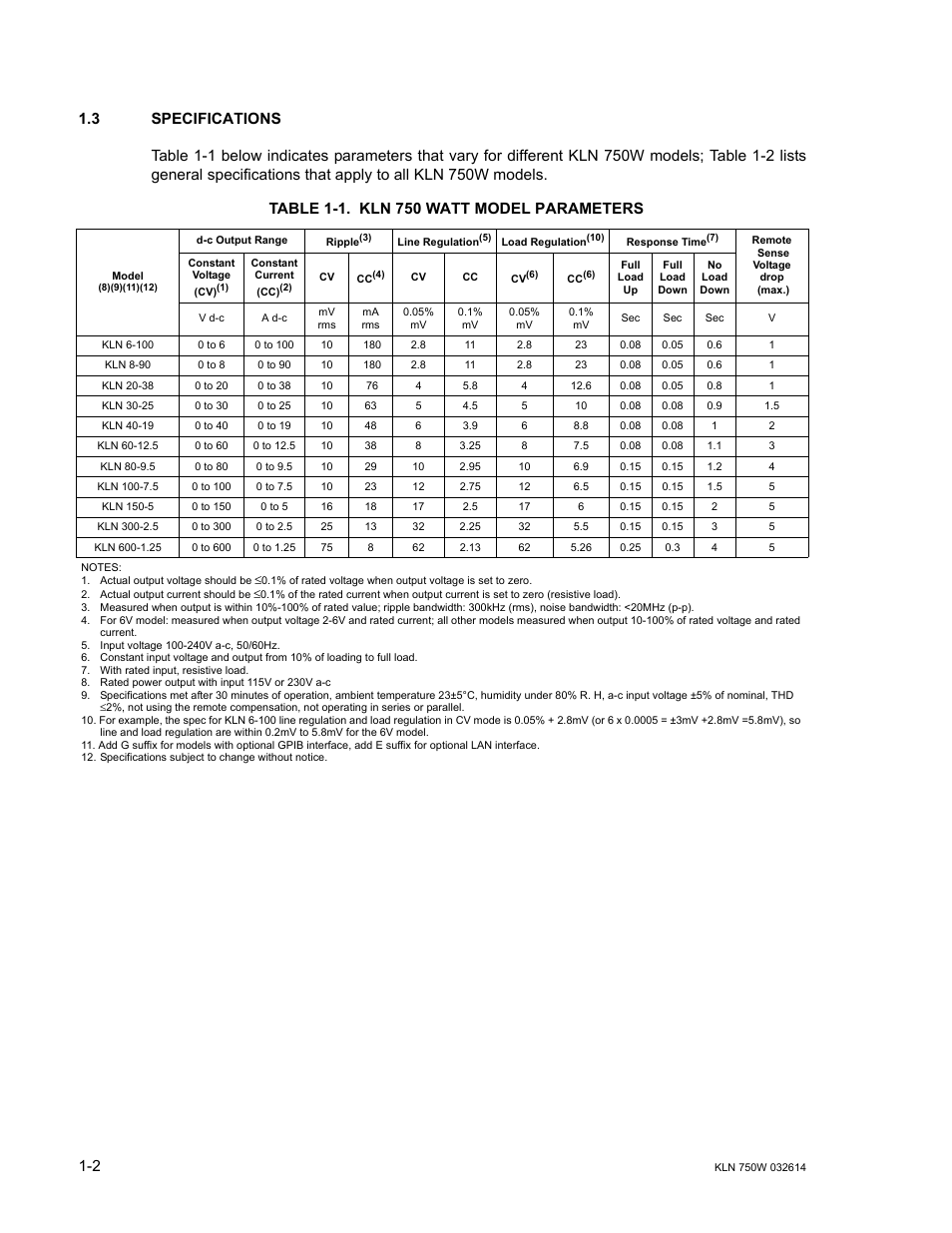 3 specifications, Table 1-1. kln 750 watt model parameters, Specifications -2 | Kln 750 watt model parameters -2 | KEPCO KLN 750W Series, Firmware Version 1.60 to 1.6x User Manual | Page 12 / 86