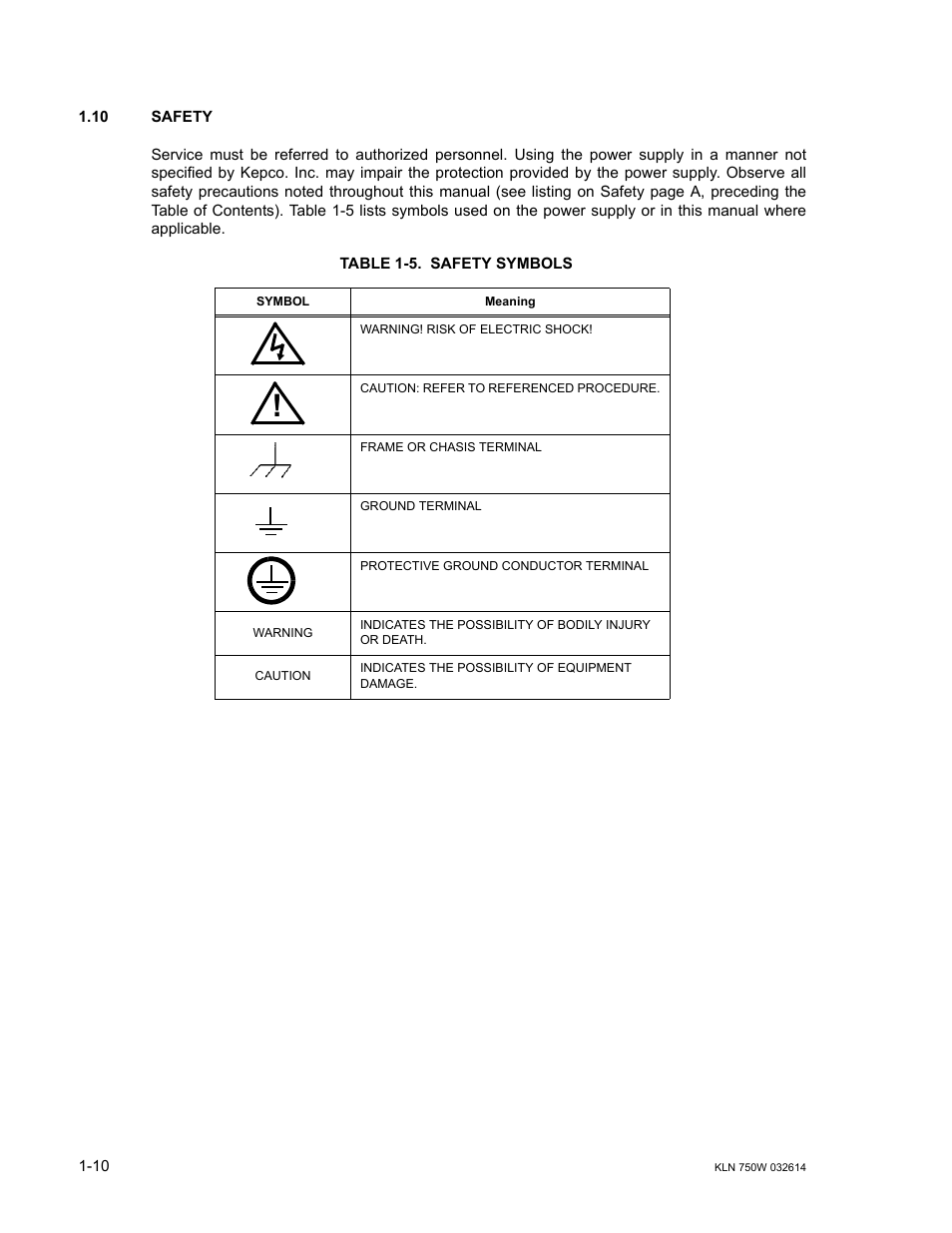 10 safety, Table 1-5. safety symbols, Safety -10 | Safety symbols -10 | KEPCO KLN 750W Series, Firmware Version 1.60 to 1.6x User Manual | Page 20 / 86